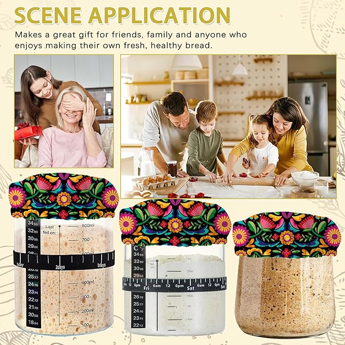 Colorful Floral Mexican Sourdough Jar Cover Reusable Cloth Lid for Sour Dough Starter Jar,5 Pack Bread Fermentation Container Tops Elastic Fabric Caps