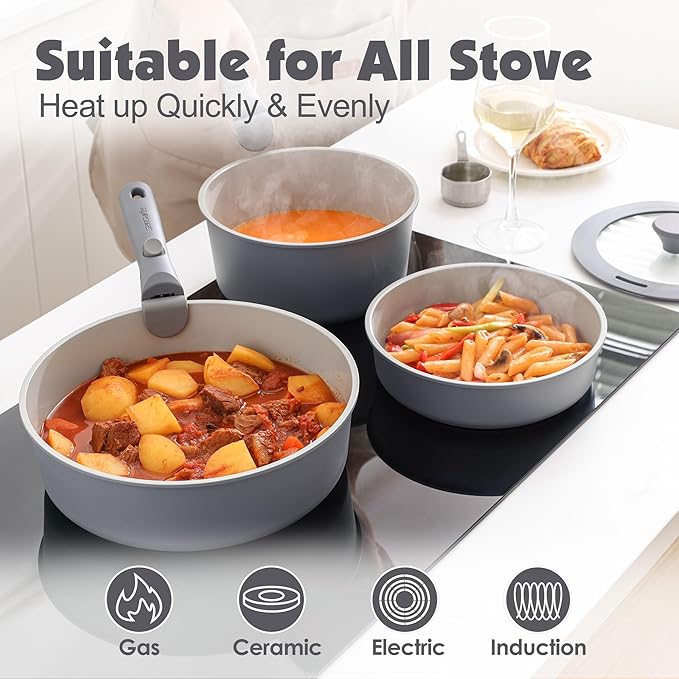 SENSARTE 24 Piece Ceramic Pots and Pans Set, Nonstick Detachable Handle Cookware, Induction Kitchen Cookware Set with Removable Handle, Healthy Non Stick for RV, Dishwasher&Oven Safe, PFOA Free (Gray)
