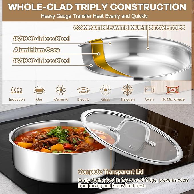 E-far 9pcs Stainless Steel Cookware Set, 3-Ply Pots and Pans Set w/Detachable Handle & Lid, Induction Cookware Kitchen Cooking Set for RV Camping, Nontoxic Whole Clad Frying/Saute/Sauce Pan, Oven Safe