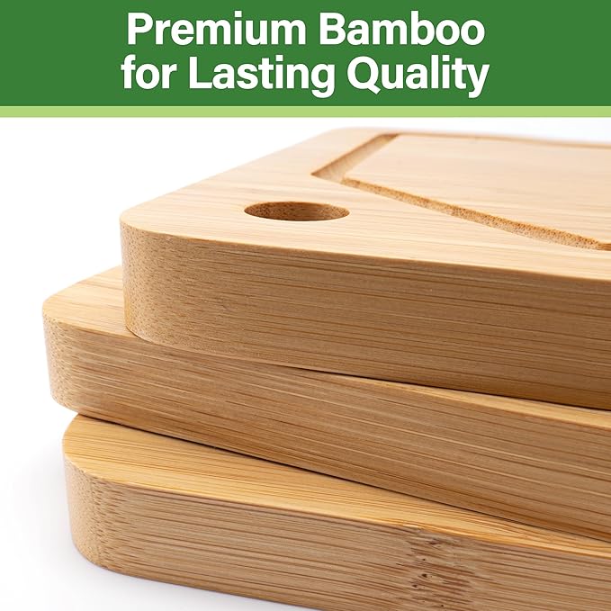 Bamboo Cutting Board For Kitchen, Bamboo Cutting Board Set of 3 with Juice Groove, Double-Sided Chopping Board Serving Board with Hanging Hole for Meat, Vegetables and Cheese