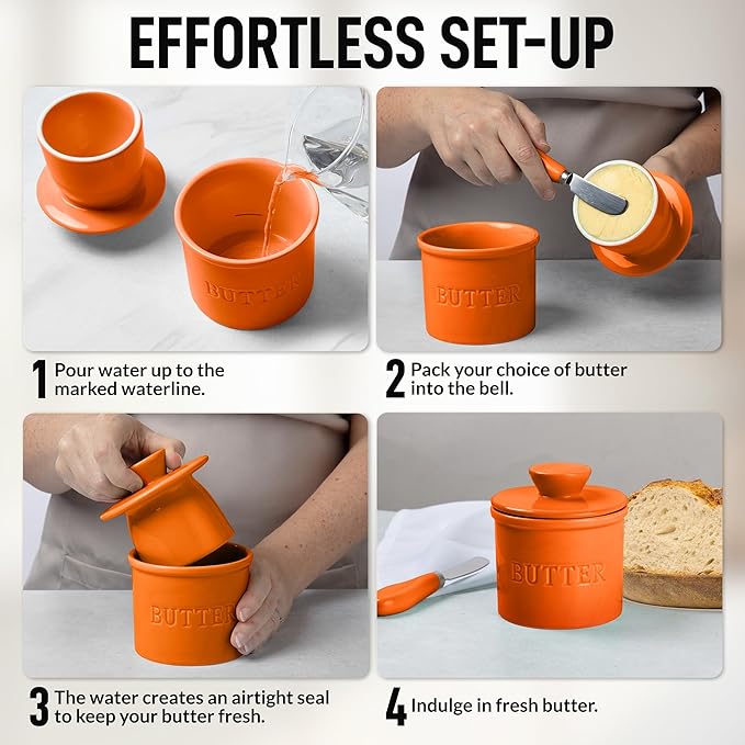 Zulay Kitchen Porcelain Butter Crock With Lid & Knife - Authentic French Butter Dish For Fresh & Spreadable Butter - Orange