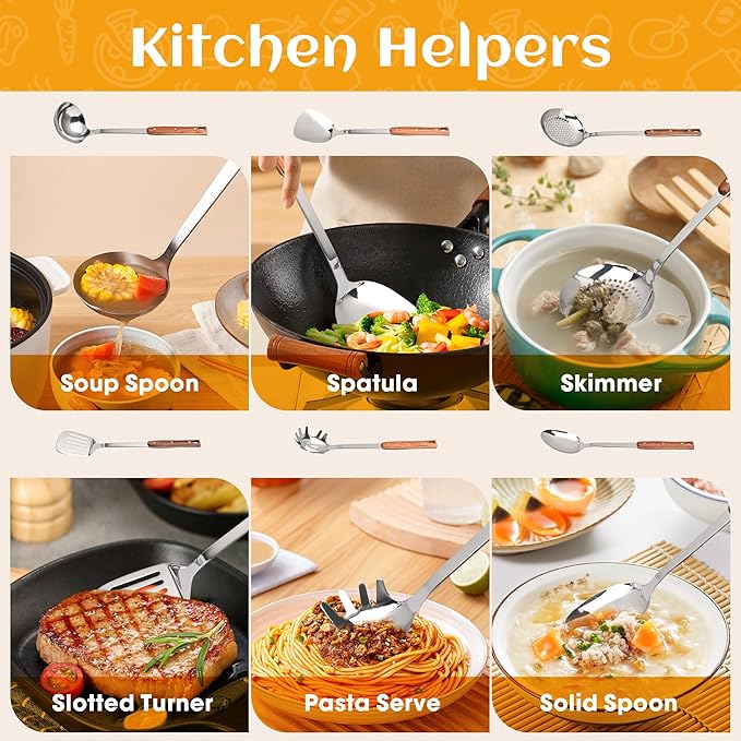 FJNATINH Wok Utensils Tools - 6 PCS Stainless Steel Kitchen Cooking Utensils Set, Include Wok Spatula, Soup Ladle, Skimmer, Spaghetti Server, Slotted Turner and Solid Spoon, Heat Resistant