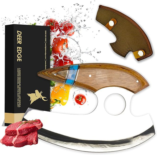 Ulu Knife – Alaskan Mezzaluna Rocker Chopper for Pizza, Meat, Salad, Vegetables – Ergonomic Wooden Handle – Multipurpose Kitchen Cutter Gift