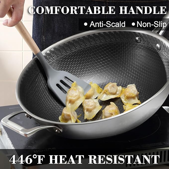 Unokit Silicone Cooking Utensils Set for Kitchen - 38 PCS Utensils Set, 446℉ Heat Resistant Cooking Utensils Spatula Set with Wooden Handle and Holder, Gadgets for Non-Stick Cookware, Grey