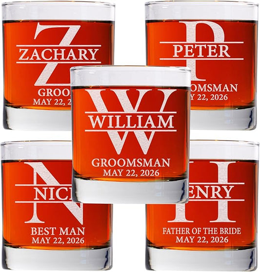 Set Of 5, Personalized Whiskey Glass For Groomsman Gifts, Best Man, Groom, 11oz Old Fashioned Custom Monogrammed Whiskey Glass