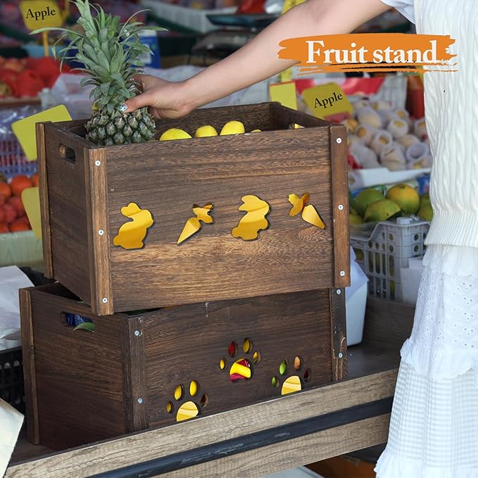 Wooden Crates 2 Pack, Hollow Claw Wooden Crates for Display & Storage, Farmhouse Handmade Wood Crate with Handles, Rustic Large Decorative Wood Crate Box for Display