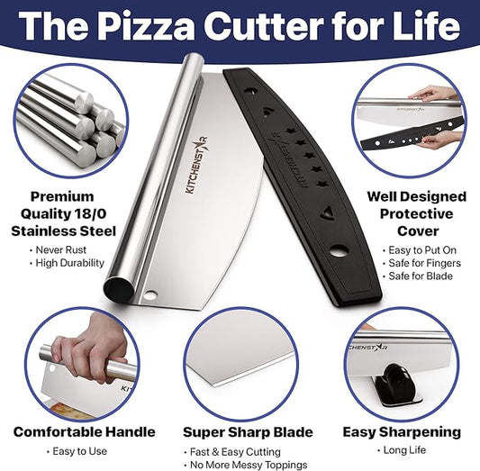 KitchenStar 16-Inch Pizza Cutter Rocker Blade - Sharp Stainless Steel Slicer Knife, Protective Cover, Dishwasher Safe, Large - Professional Pizza Oven Accessories