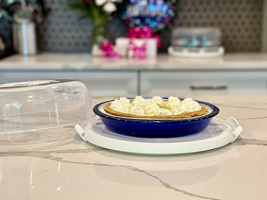 Pie, Cheesecake Carrier for up to 10 in x 4 1/2 in cake. Two Sided Fashionable Stand Doubles as Five Section Serving Tray Perfect Taker Caddie for Travel (White)