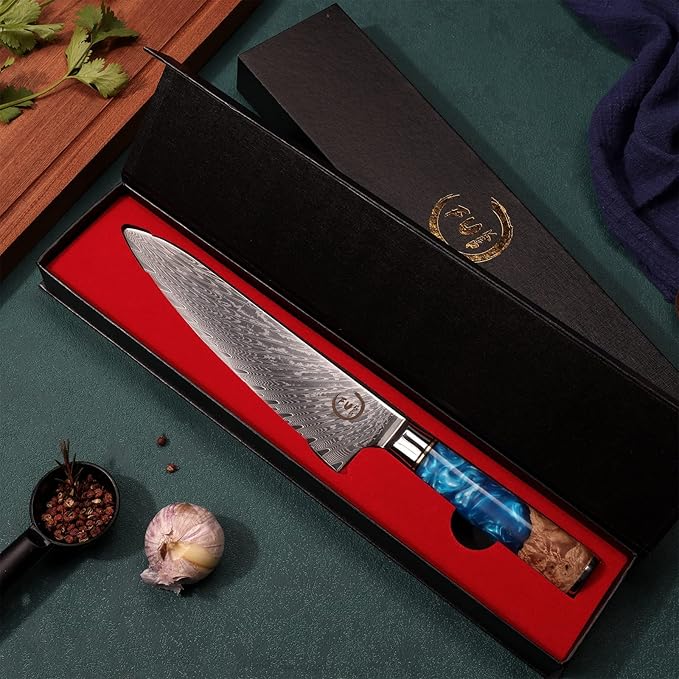 Chef Knife 8 inch, Damascus Chef Knife Japanese VG10 Core Steel with 66-Layers High Carbon Professional Sharp Chefs Knife 8" Blade Ergonomic Beautiful Blue Resin Handle Gift Boxed