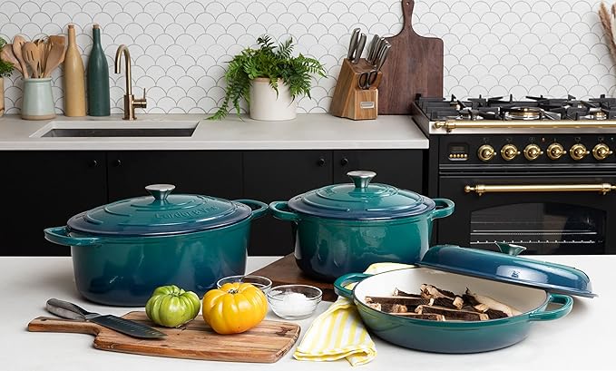 Larder & Vine 9 Piece Enameled Cast Iron Cookware Set, Oven Safe and Compatible with all Cooktops – includes 3.6 Qt Braiser, 5.7 QT and 8 QT Dutch Ovens, 10.25in Skillet and 2.2 QT Saucepan (Bondi)