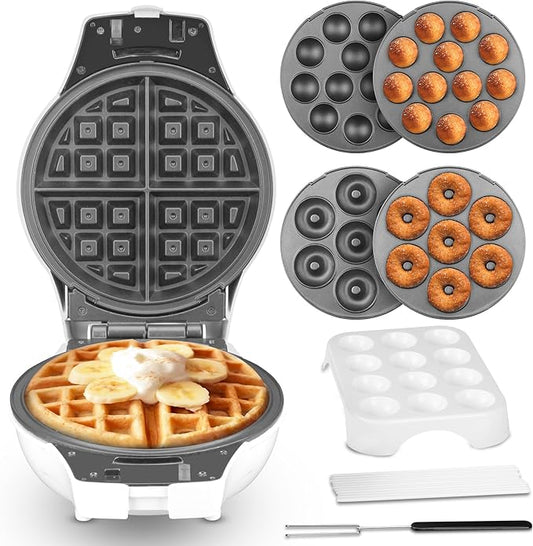 Thick Belgian Waffle Maker with 3 Removable Plates, 7” Non Stick Belgian Waffle Iron Removable Plates, 3 in 1 Mini Donut Maker Machine, Cake Pop Maker Machine Set with Accessories & Tools