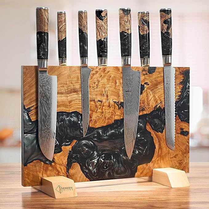 SENKEN "Black Tsunami" Extra Large Magnetic Knife Block - Holds Up to 16 Knives - Knife Block without Knives, Universal Knife Holder, Beautiful Dark Resin & Natural Wood Blend (Black Resin)