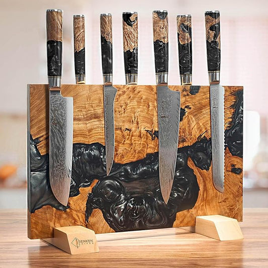 SENKEN "Black Tsunami" Extra Large Magnetic Knife Block - Holds Up to 16 Knives - Knife Block without Knives, Universal Knife Holder, Beautiful Dark Resin & Natural Wood Blend (Black Resin)