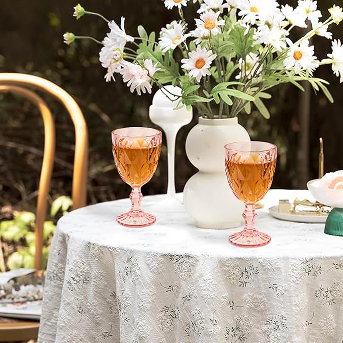 12 Pcs Vintage Wine Glasses, 10 Ounce Colored Glass Water Goblets, Unique Embossed Pattern High Clear Stemmed Glassware Wedding Party Bar Glass Drinking Cups Fancy Wine Glasses Pink Set of 12
