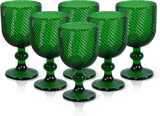 Vintage Wine Glasses Set of 6, 12 OZ Christmas Green Glass Water Goblets, Embossed Floral Decorative Crystal Glass Cups Set, Dishwasher Safe, for Wedding, Party, Red Wine Glass, Bars, Restaurants