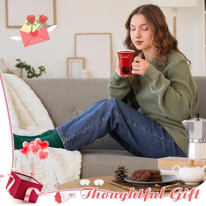 Honeydak Chocolate Fondue Mug with Fork and Candle Sweet Ceramic Personal Chocolate Melting Cup Chocolate Fondue Mug Ideal Gifts for Birthday Date Night Birthday Wedding Gifts(Red)