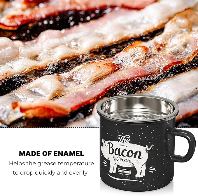 PGYARD Mini Bacon Grease Container With Strainer - 15OZ Enamel Grease Saver, Farmhouse Bacon Grease Keeper For Kitchen Fat Storage, Dishwasher Safe-Black