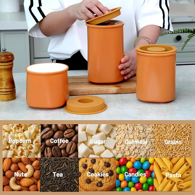 Nucookery Canisters Sets for the Kitchen Countertop, 3 Pcs Ceramic Jar with Silicone Lid, 40oz, 30oz, 20oz Food Storage Containers for Flour, Sugar, Coffee, Grains,Tea, Cookies, Dry Food Organization