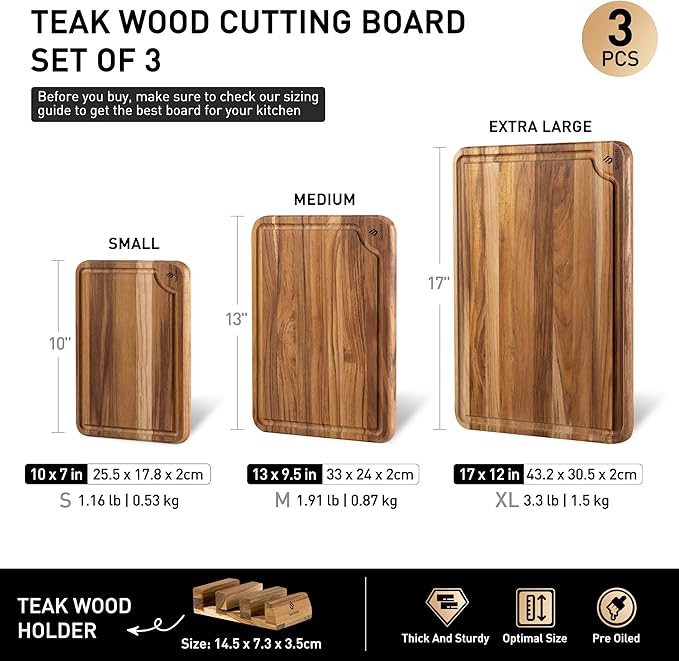 3 Pack Teak Wood Cutting Board Set for Kitchen Charcuterie Board Serving Heavy Duty Non Toxic Slip Over Sink Solid Thick Haus Wooden Chopping Board Large Big Small Meat Best Kitchen Essential Gift