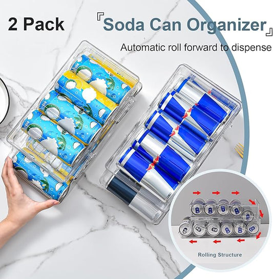 2 PCS Soda Can Organizer for Refrigerator & Pantry, Double Space Saving Auto-Rolling Stacking Can Dispenser, Fits Skinny/Standard/Tall Cans, Clear Fridge Can Holder Storage for Kitchen, Office