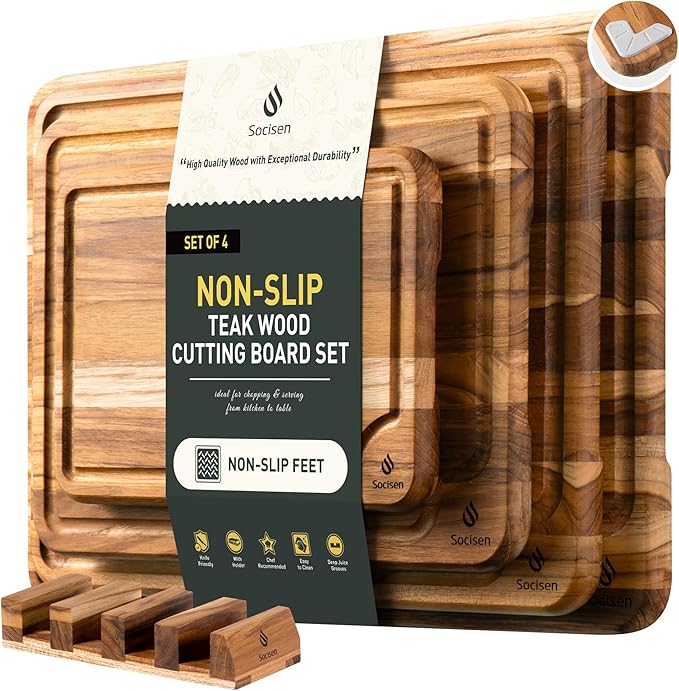4 Pack Teak Wood Cutting Board Set for Kitchen Heavy Duty Non Toxic Non Slip Solid Thick Wood Haus Chopping Board Extra Large Big Small Meat Best Essential House Warming Hostess Host Gift