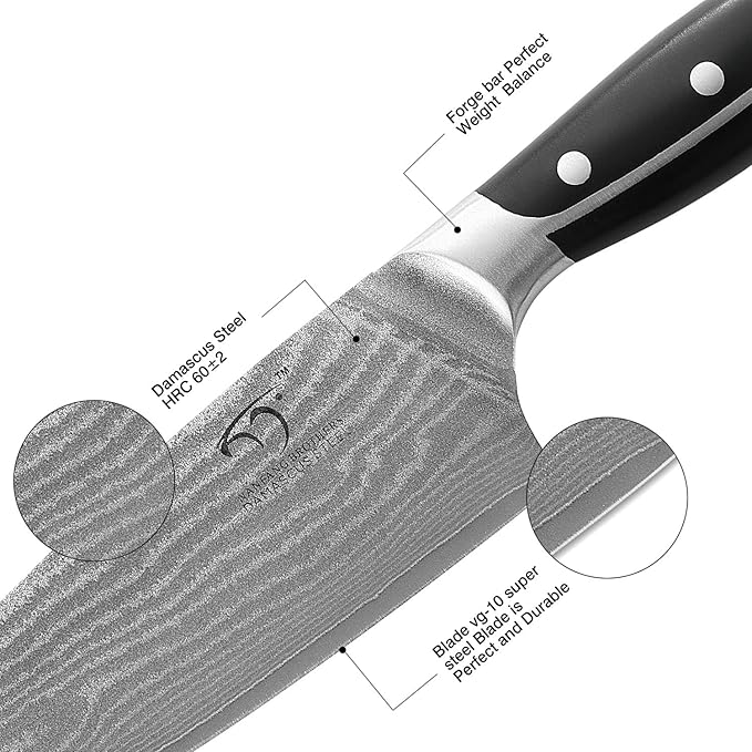 16-Piece Damascus Knife Set with Block - VG10 67-Layer Steel, Razor Sharp, Triple-Rivet Handles, 6 Steak Knives, Meat Fork, Sharpener & Scissors, Gray