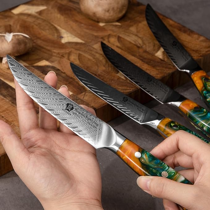 WILDMOK Steak Knives, 5 inch Non Serrated Steak Knife Set of 4, Japanese Damascus VG10 Steel Steak Knives,Premium Steak Knives Set with Gift Box