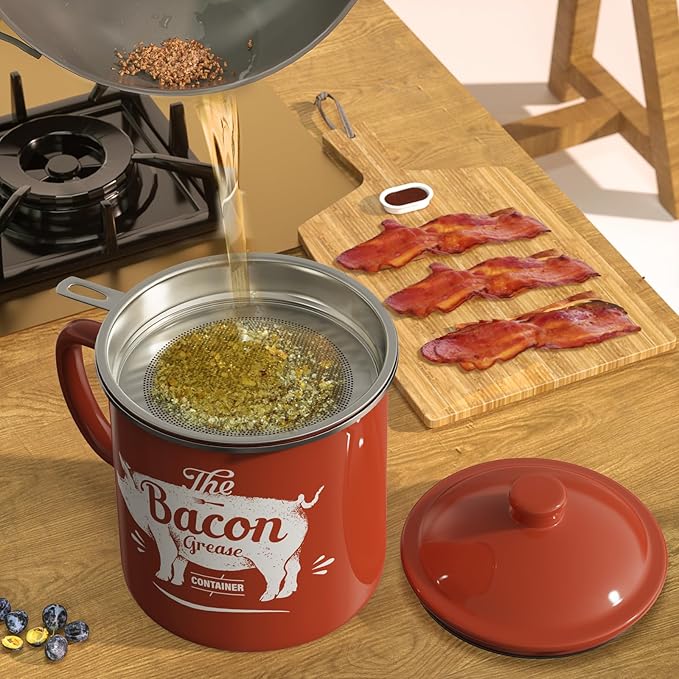 Bacon Grease Container With Strainer, 46OZ Large Enamel Grease Container, With Silicone Spatula, Farmhouse Bacon Grease Keeper, Cooking Oil Container For Kitchen Fat Storage, Dishwasher Safe-Red