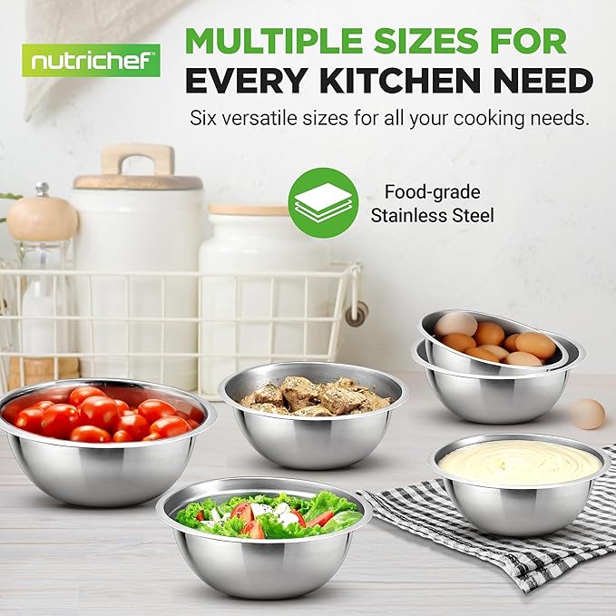 NutriChef 6-Piece Premium Stainless Steel Mixing Bowls - Heavy Duty Stackable Nesting Bowls - Kitchen Essentials for Food Prep, Marinating, Mixing Salad - Dishwasher Safe