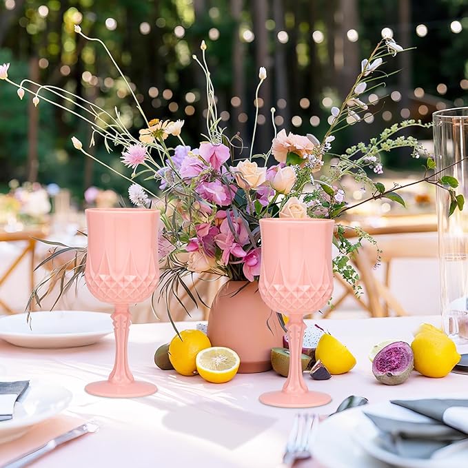 Plastic Vintage Wine Glasses 7OZ Plastic Goblets Vintage Drinking Glasses 48PCS Retro Wedding Glassware Water Goblets Reusable Drinking Cups for Party,Reception,Celebration,Bar,Whiskey(Light Pink)