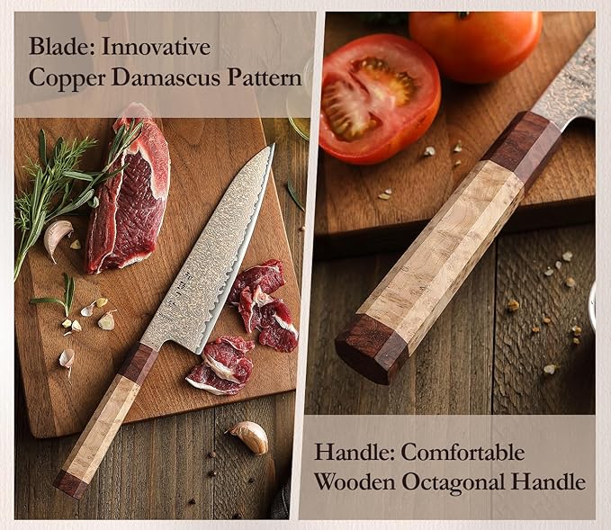 HEZHEN Tricolor Copper Damascus Chef Knife,8.3 Inch Japanese Damascus Knife, 37 Layers Damascus Steel Chef Knife-Razor Sharp,Sycamore Wood Handle