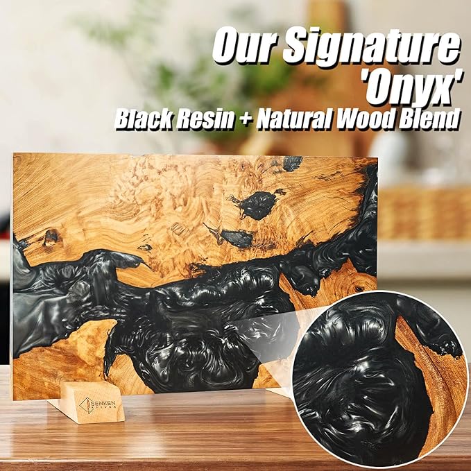 SENKEN "Black Tsunami" Extra Large Magnetic Knife Block - Holds Up to 16 Knives - Knife Block without Knives, Universal Knife Holder, Beautiful Dark Resin & Natural Wood Blend (Black Resin)