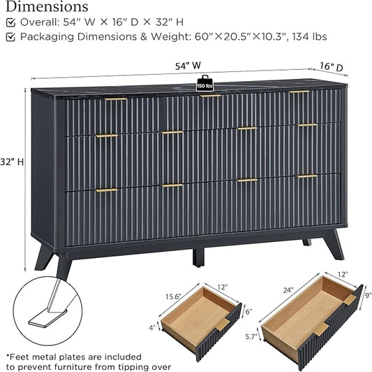 T4TREAM Fluted 7 Drawers Dresser, 54" Wide Modern Chest of Drawers with Faux Marble Top, Curved Profile Design, Dresser TV Stand, Wood Drawer Organizer for Bedroom, Living Room, Hallway, Dark Grey