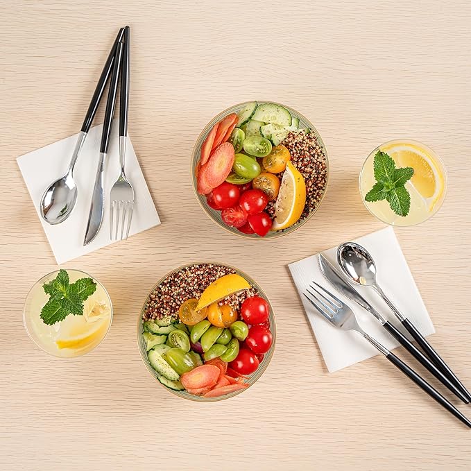 Restaurantware Plastic Bowls 100 Pcs 16 oz Gold Rimmed Disposable Soup Bowls Heavy-Duty Green Translucent Rippled Dinnerware Containers for Party, Desserts, Salads, Snacks, and Catering