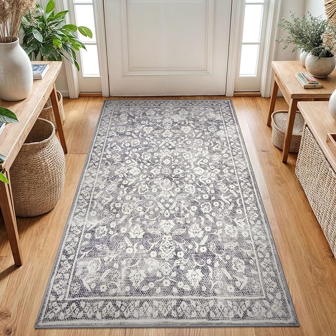 Vintage 3x5 Washable Rug for Entryway, Gray Ivory Super Soft Rug Non-Slip, Printed Faux Wool Floral 3x5 Area Rug Thin Floor Carpet for Kitchen, Bedroom, Office, Living Room