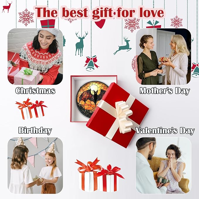 Stained Glass Window Hanging, Black Bat Sun Catcher for Door Home Decor Animal Suncatcher Christmas Mother's Day Birthday Gifts for Women Men Mom and Nana 15 in