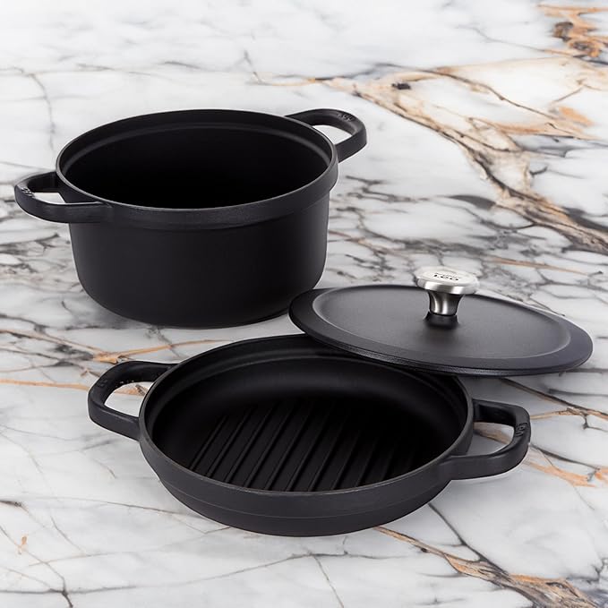 BergHOFF Graphite 3Pc Enameled Cast Iron Cookware Set With Self-basting Universal Lid, Induction Pots and Pans, Oven-to-Table Cookware, For Slow Cooking