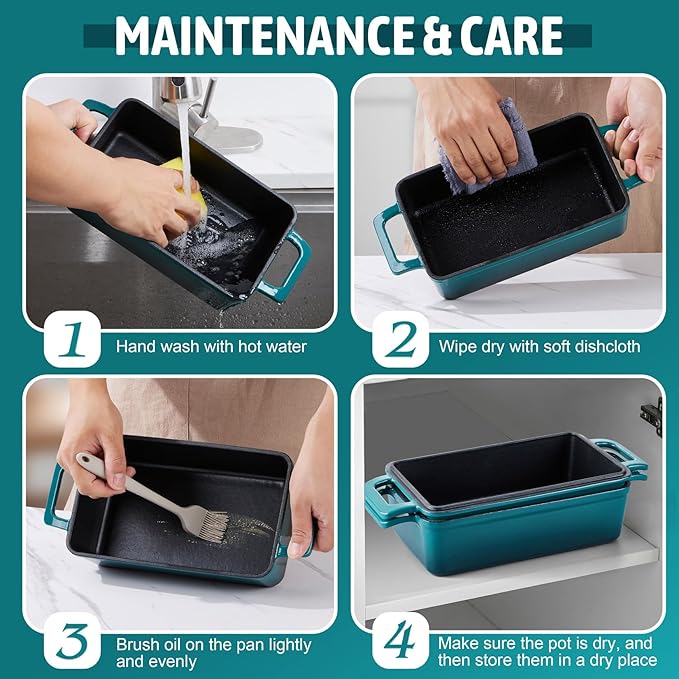 P&P CHEF 2 In 1 Enameled Cast Iron Loaf Pan with Lid, 9 x 5 Inch Bread Loaf Pans for Baking Homemade Sourdough Bread, Meatloaf, Toast, Cake, Nonstick & Healthy & Sturdy, 2 Piece Set - Dark Green