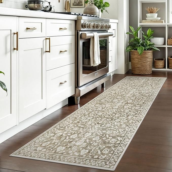 Vintage 2x7 Runner Rug, Beige Washable Runners for hallways, Super Soft Kitchen Runner Rug Non Slip, Print Faux Wool Floral Thin Carpet Runner for Entryway Indoor Bedroom Bedside Runner