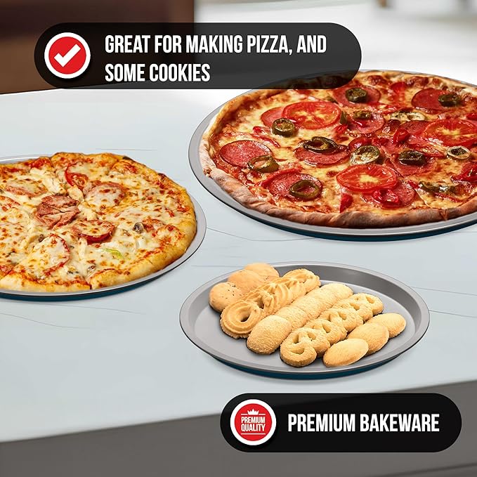 Bakken Swiss Pizza Tray Set 3-Piece – Gray Ceramic Coating, Non-Stick, Round Steel Pizza Pans - Dishwasher Safe, Premium Bakeware for Home Cooking Heatly coating