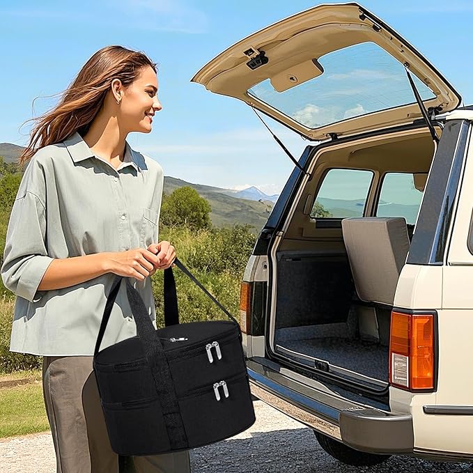 Round Double Insulated Casserole Carrier, Pie Carrier Bag, Portable Casserole Carrier for Hot or Cold Food Lunch Tote, Lunch Bag for Parties Picnic, Fits 12.5" Baking Dish, Black