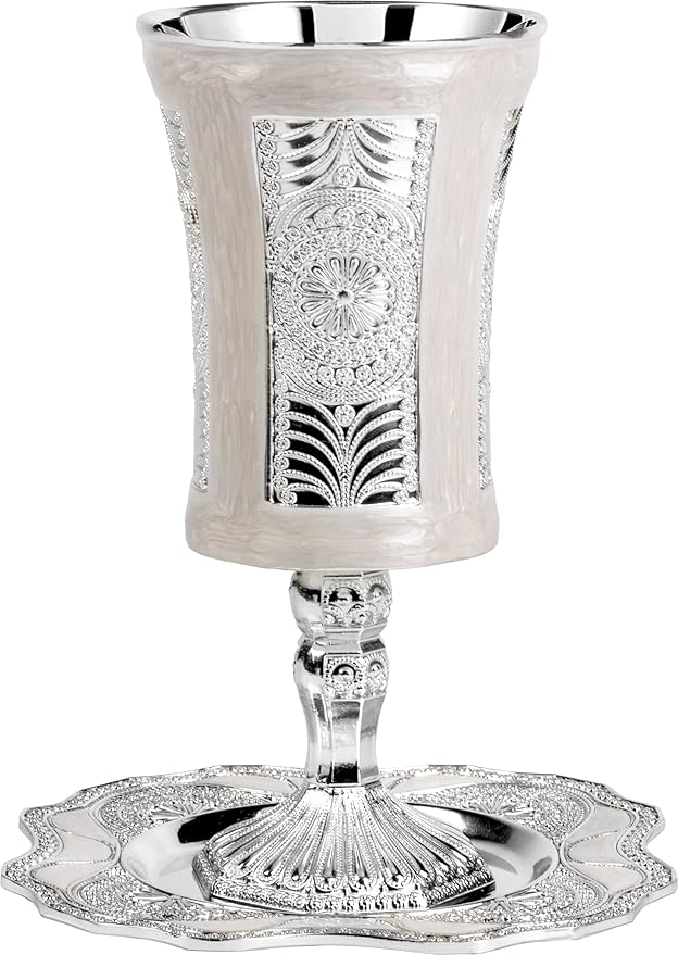 Ner Mitzvah Tall Kiddush Cup and Tray - Premium Quality Marble and Silver Plated Goblet With Stem - Shabbat and Havdalah Goblet - Judaica Shabbos and Holiday Gift