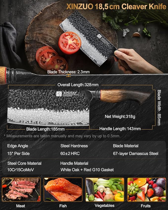 XINZUO 7.3 Inch Vegetable Cleaver Knife,10Cr15Comov Steel Core Forged Damascus Steel,Sharp Slicing Knife For Home Kitchen And Restaurant,Ergonomic White Oak + Red G10 Gasket Handle