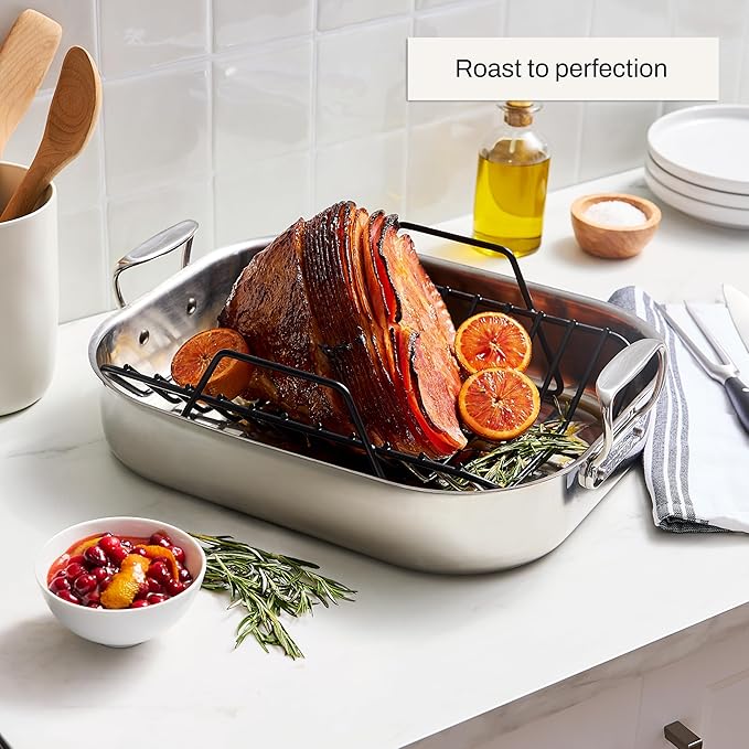 All-Clad Specialty Stainless Steel Roaster and Nonstick Rack 16x13x5 Inch Oven Broiler Safe 600F Roaster Pan, Pots and Pans, Bakeware, Turkey, Silver