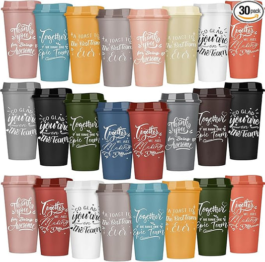 Pickmesh 30 Pcs Employee Appreciation Gifts Christmas Thank You Gift for Team Building 16 oz Teacher Plastic Coffee Cup with Lid Inspirational Travel Tumbler for Coworker Staff Pastor (Varicolored)