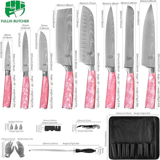 FULLHI Knife Set, 14pcs Japanese Knives Set, Multiple Colour Premium German Stainless Steel Chef Knife Set