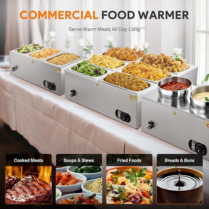 WILPREP Double-Well Commercial Food Warmer with Six 1/3 Pans, Electric Warmer for Food with Adjustable Temp & Automatic Shutoff, Stainless Steel Food Heating Unit for Buffet Food Truck Hotel More