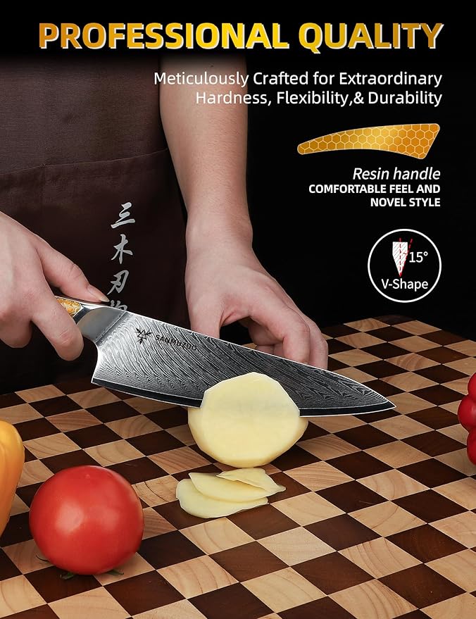 8 inch Chef Knife, Japanese VG-10 Damascus Steel Kitchen Knife, Ultra Sharp Cooking Knife with Full-tang Handle in Yellow Resin, LA-S9 Series