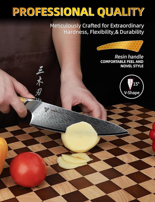 8 inch Chef Knife, Japanese VG-10 Damascus Steel Kitchen Knife, Ultra Sharp Cooking Knife with Full-tang Handle in Yellow Resin, LA-S9 Series