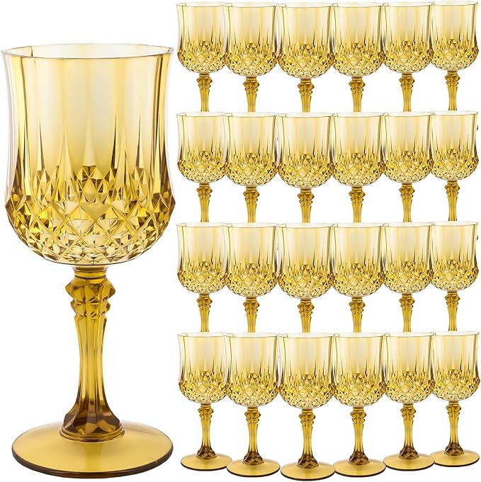 Plastic Wine Glasses,Plastic Goblets Vintage Style Cordial Drinking Glasses for Wedding Reception, Grand Event Party Supplies (24, Gold)
